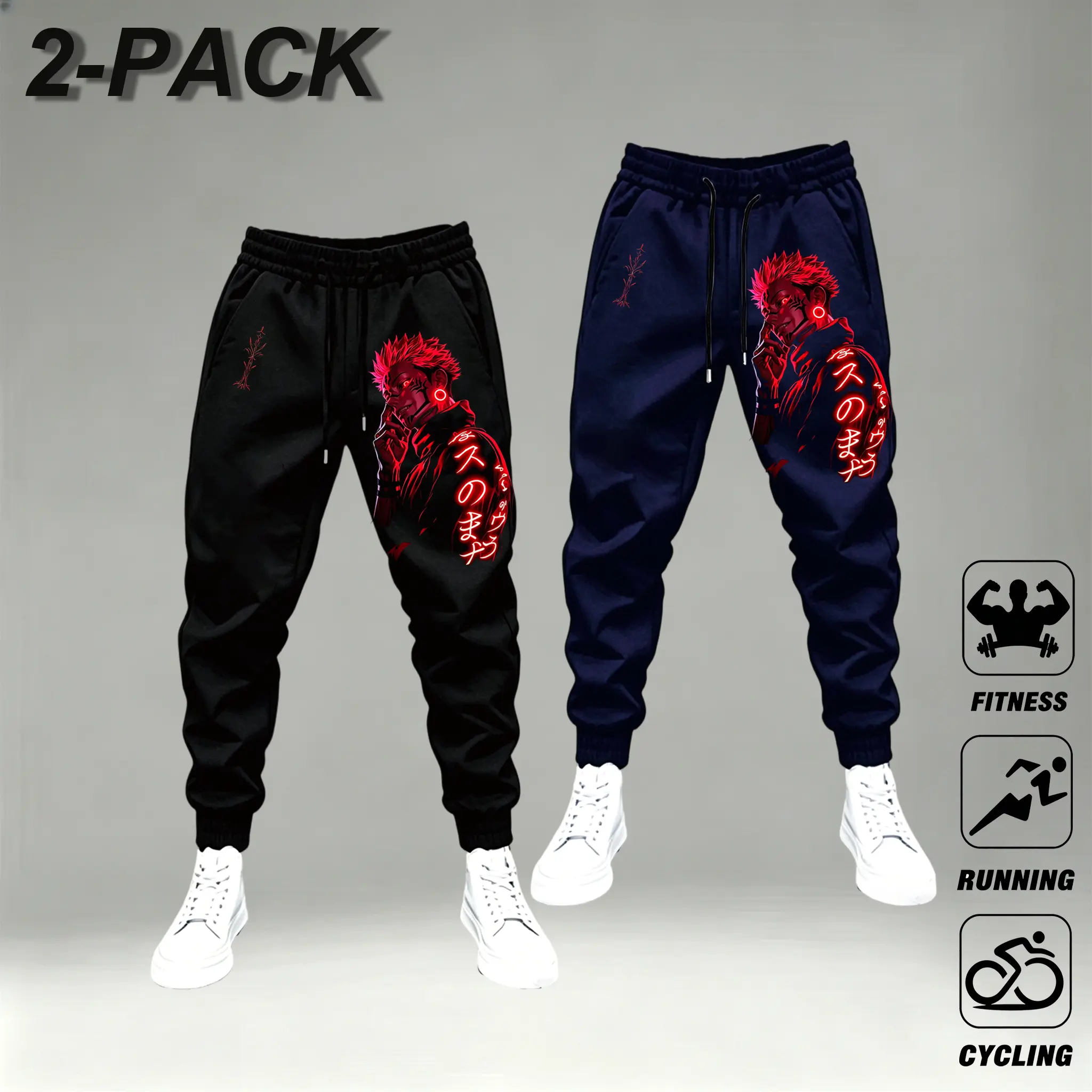 2 Pack Anime-Inspired Joggers for Men - Black & Navy with Red Design - Ideal for Fitness, Running, & Cycling - Comfortable & Stylish,Ryomen Sukuna Neon Anime Tracksuit Set Sleeveless Hooded Tank Jogger Pants Jujutsu Kaisen Streetwear Outfit