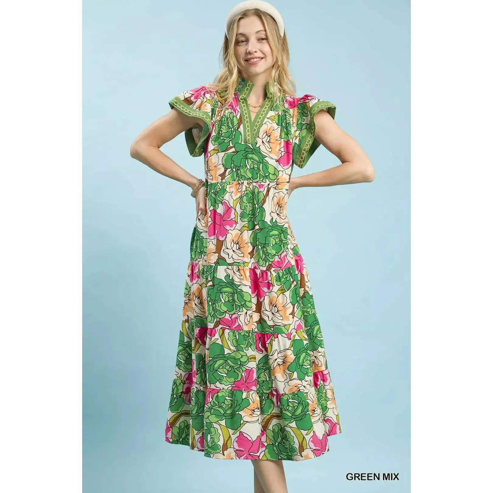 Umgee Mix Bold Floral Tiered Midi Dress