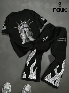 Men's Trendy Crystal Flame Statue Set, Graphic Tee & Long Pants, Casual Loose Fit, Perfect for Parties/music Festivals/comfortable