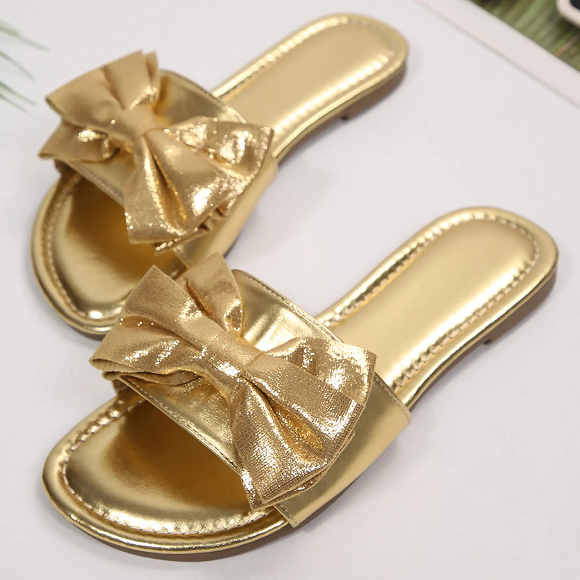 Women's Bow Flat Sandals Open Saquare Toe Sandals Comfortable Slide Slip On Sandals for Wedding Beach Vacation