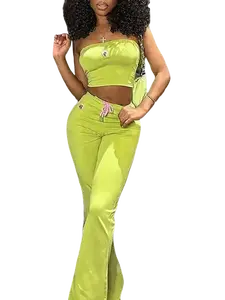 Flower Embossed Flare Pant and Tube Top Set Womenswear Embroidered High Waist Green Clothes Comfort