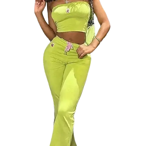Women's 2-Piece Embroidered Fitted Strapless Tube Top & High-Waist Waist Pants Matching Set - Cute Classy Sleeveless Outfit for Women, Two Piece Sets