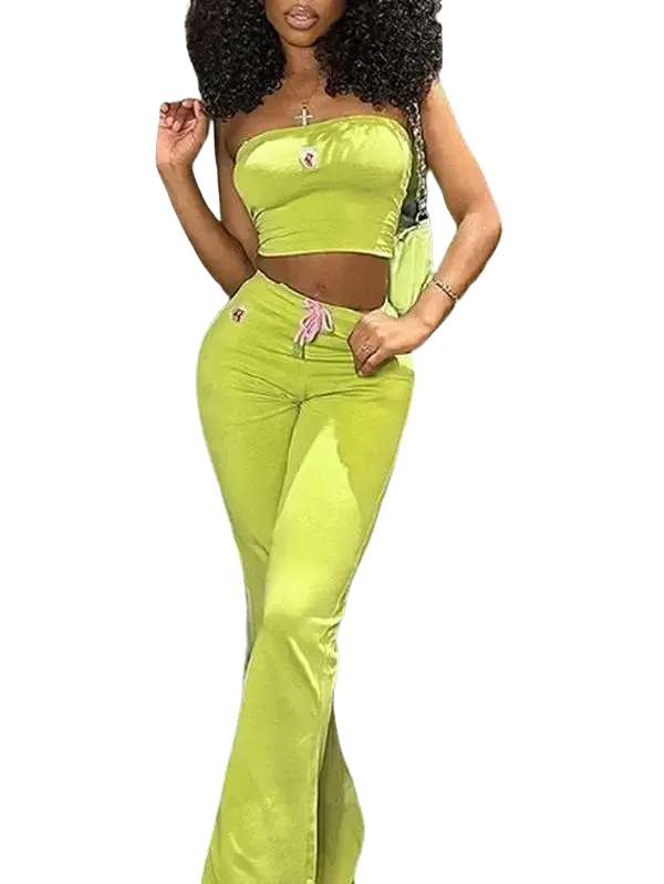 Women's 2-Piece Spandex Flower Embossed Set, Sleeveless Tube Top & High-Waist Embroidered Flare Pants, Comfortable Green Womenswear 2 Pcs Set