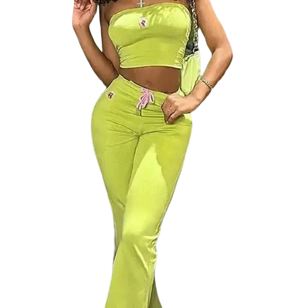 Women's 2-Piece Embroidered Fitted Strapless Tube Top & High-Waist Waist Pants Matching Set - Cute Classy Sleeveless Outfit for Women, Two Piece Sets