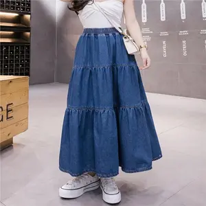 Plus Size Womens Elegant Flared Maxi Denim Skirt - Ruffled Hem, Elastic High Waist, Lightweight, Smock Jean Design, Comfortable, Casual, Summer Perfect - Blue Charm Color, Relaxed Fit, Elegant Women Clothing