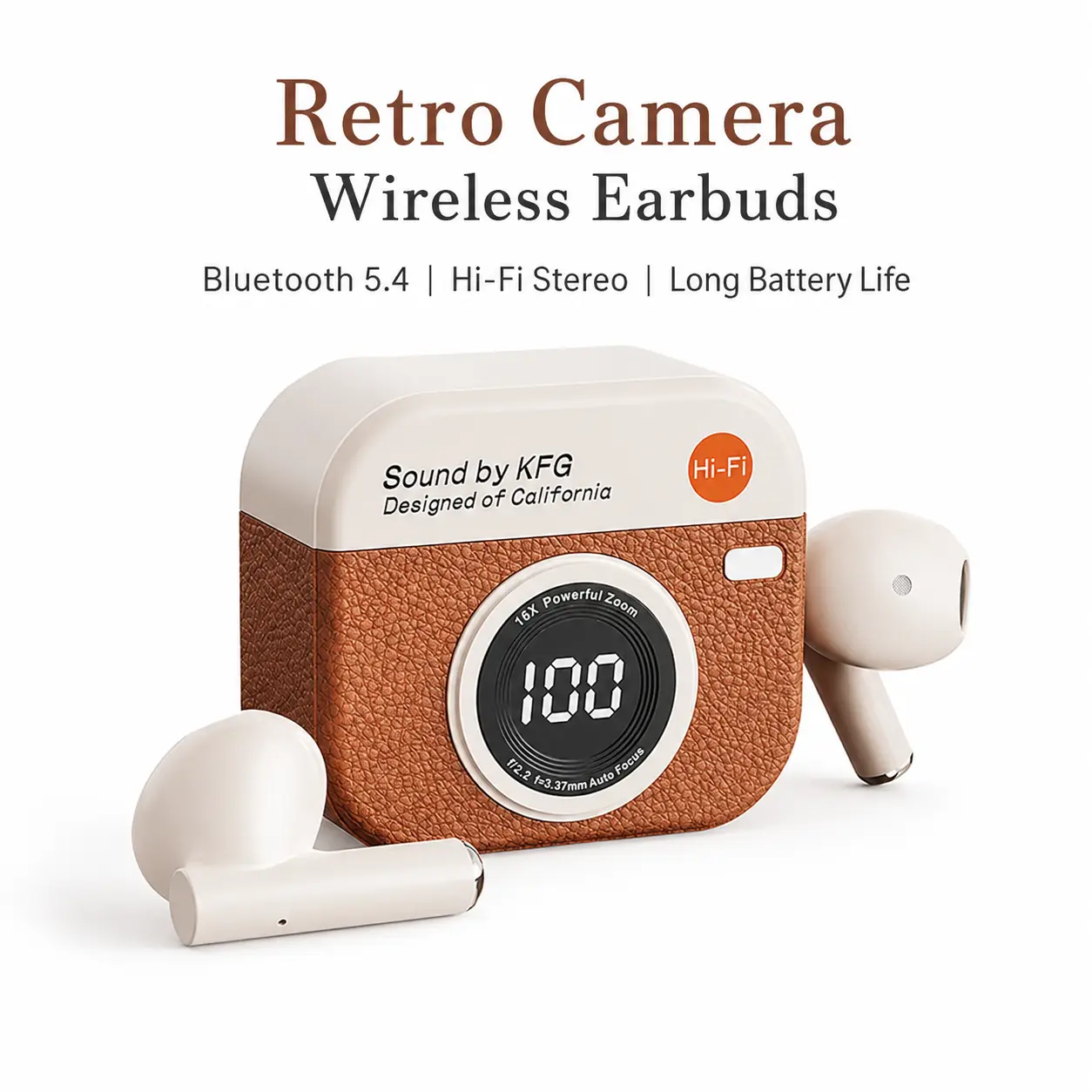 Newmine Retro Camera Wireless Earbuds - In-Ear Audios Headset with Bluetooth 5.4, 2-Channel Motor, Active Noise Cancellation, ENC Mic, Hi-Fi Stereo Sound, 36H Playtime, Touch Control, Comfort Fit, Low Latency for Work, Gaming