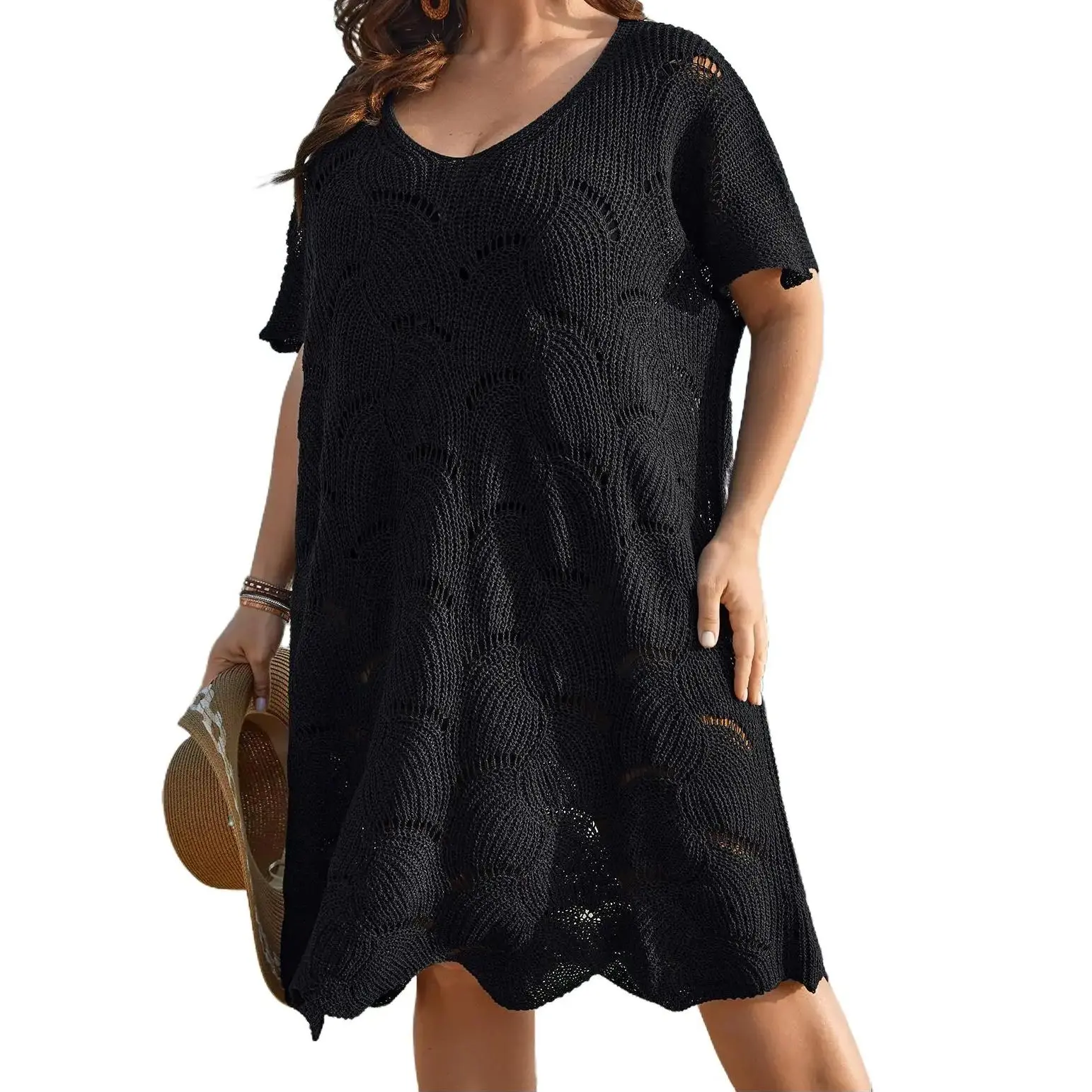 BLOOMCHIC Women's Plus Size Short Low-Stretch Cut-Out Solid V-Neck Beach Cover-Up with Tummy Control, 2026 Summer Mom Pick [M-6X] - Women's Clothes, Beach Coverups, Swimwear Cover Up,Summerfinds