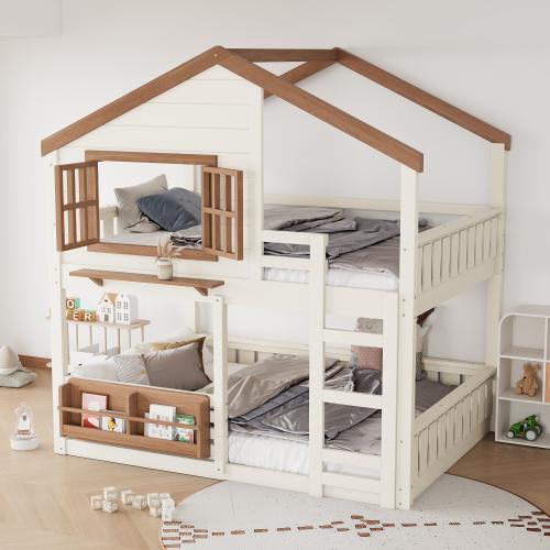 Bellemave  Bunk Bed/Loft Bed with Bookshelf, House Design, High-Quality Safety Fencing.The upper layer is used as a sleeping area, while the lower layer can be flexibly configured as a gaming area, learning area, storage space, or additional sleeping area