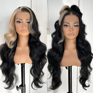 MITIMES 13x6 Wig Glueless Middle Body Wave Lace Front Wigs  Wear And Go Lace Front Wig And Pre Plucked Synthetic Long Highlights Wear