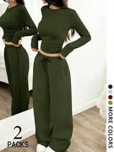 Women's 2-Piece Cozy Loungewear Set, sleek ruched long-sleeve crop top and ultra-soft wide-leg pants with drawstring waist, available in versatile colors
