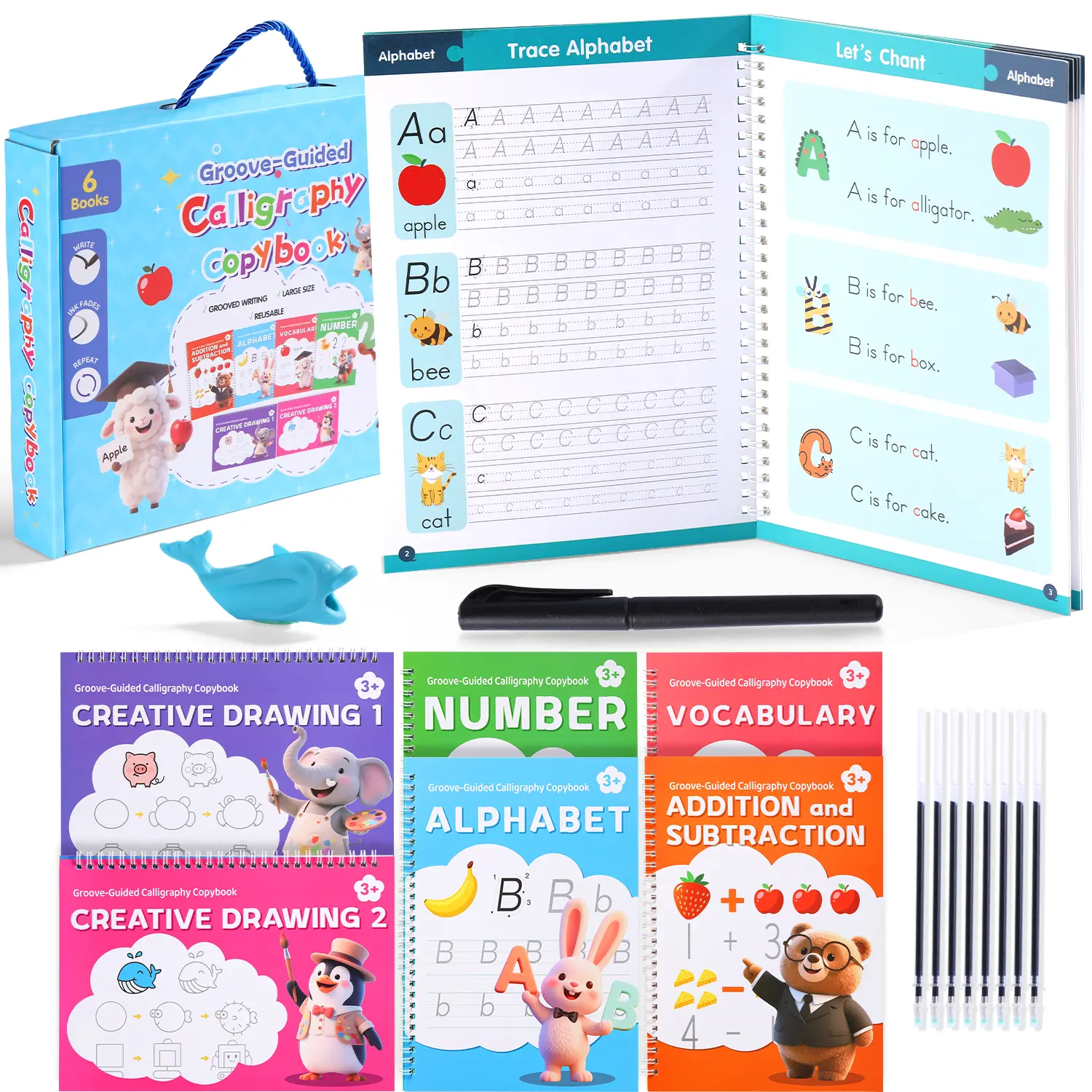 Reusable Grooved Writing Practice Book for Kids Ages 3-8, Preschool Handwriting Tracing Workbook with Erasable Pens, Alphabet Number & Shape Practice, Kindergarten & Back to School Prep