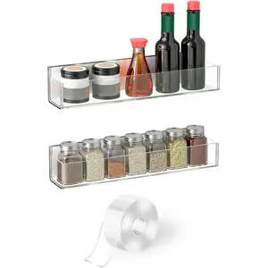 Adhesive   Rack with Nano Double Sided Tape Wall Mount Organizer Clear Wall  Rack With Shelf Ends for Kitchen Cabinet Door - 2 Pack 12'' Shelves