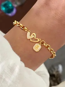 Women's Classic Stainless Steel Chain Letter Bracelet, Zirconia Double Heart Block Initial Design, Casual Style Fashion Bracelet Jewelry for All Seasons, Heart Shaped Bracelet, Heart Charm Bracelet