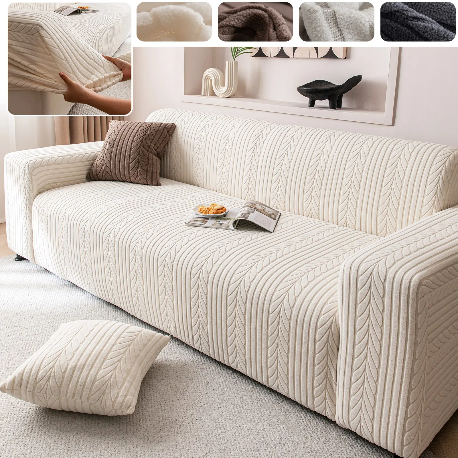 Vertical Striped Elastic Sofa Cover, Leaf Pattern, Sofa Covers Washable, Washable Couch Cover, Non-Slip Living Room Couch Protector, Fits Single to Five Seater, Elastic Sofa Slipcover