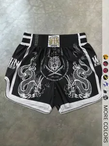 Unisex Combat Sports Shorts with Fierce Tiger Graphic and Mystical Symbols, Elastic Waist Athletic Shorts for Muay Thai, Boxing and Hip-hop Streetwear Fashion