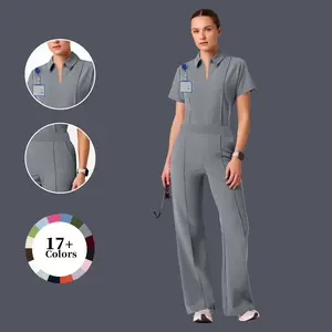 Cimmuovere women’s medical workwear set, short-sleeve top and pants, gray, suitable for medical use. Women’s long cargo jacket, unisex, with pockets and a collar; casual nurse uniform, workwear.