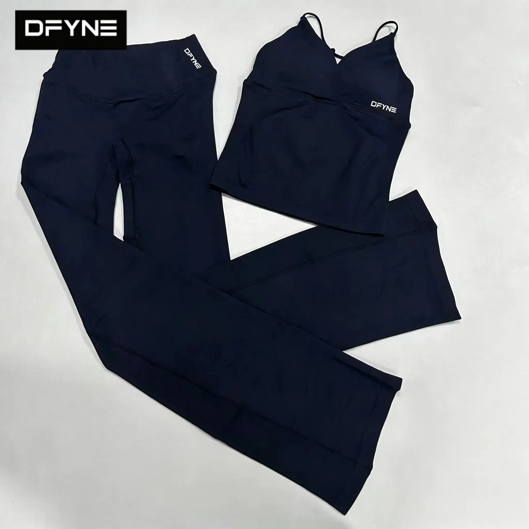 DFYNE Women's V Neck Sports Bra and Flare Yoga Pants Set, Seamless 2 Piece Workout Outfit, Stretchy Activewear for Gym, Yoga, Pilates, Running, Fitness Training and Everyday Athleisure Wear