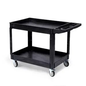 Heavy Duty Utility Service Cart - 2-Tier Rolling Cart Storage Organizer with 4 Swivel Wheels, Durable Plastic Shelves, Ergonomic Storage Handle for Warehouse, Garage, Workshop