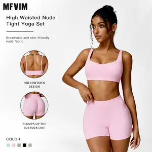 MFVIM Women's High Waisted Nude Tight Yoga Set Camisole Sports Bra & Twisted Waist Hip Lifting Fitness Impact Shorts 2-Piece Sexy Lounge Set Summer Activewear Lightweight Athletic Outfits