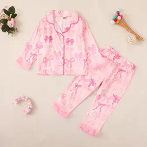 Kids Baby Girl Christmas Satin Pajamas Feather Trim Long Pajamas Set 2PC Button-Up Silk Pjs Nightgown Xmas Gift