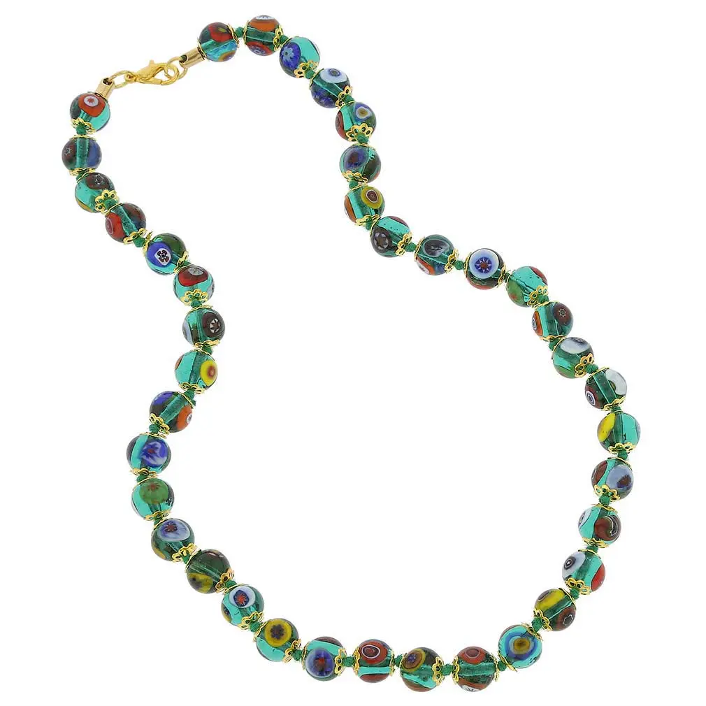 Glass Of Venice Murano Glass Necklace - Italian Millefiori Transparent Green Mosaic Beads - Women's Classic, Elegant 17-Inch Handmade Blown Glass Necklace