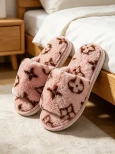 Women's Comfortable Plush Slippers, Open-Toe Plush Home Shoes, Non-Slip Indoor Footwear, Casual Cartoon Pattern, All-Season Wear, Soft