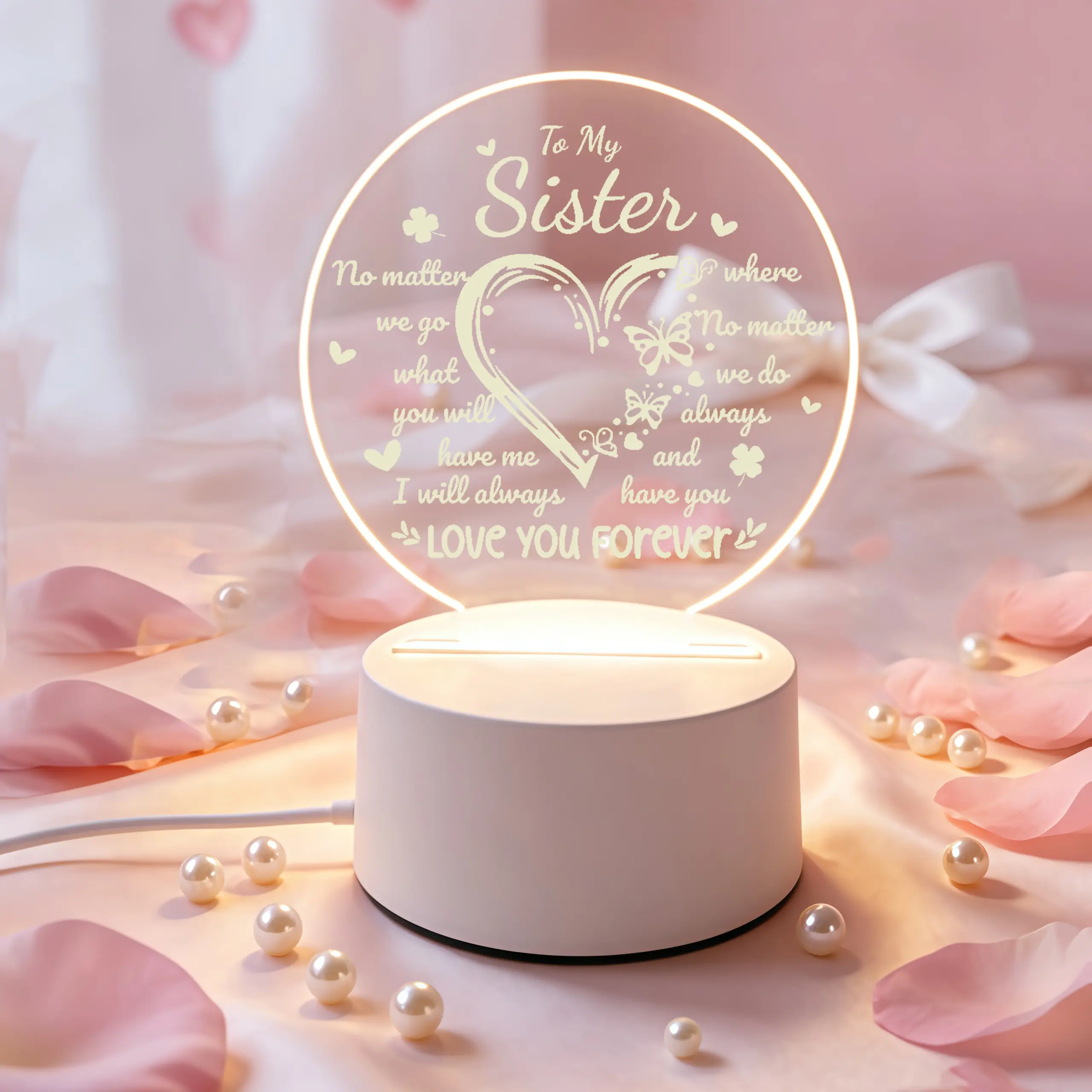 "Sister Acrylic LED Night Light with 'To My Sister' & 'Love You Forever' Quotes, Heart-and-Butterfly Heartfelt Design, Warm Glow, Festive Home Decor, Ideal Gift for Birthdays or Christmas"