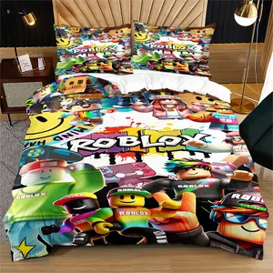 Roblox Pixel Robot Pattern Quilt Set, American Graffiti Style, Gaming, Suitable for Bedroom & Dorm Decoration of Young People and Children, Ideal Gift for Game Enthusiasts, Includes 1 Quilt Cover and 1-2 Pillowcases without Quilt and Pillow Core