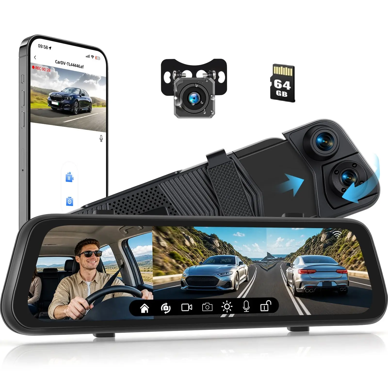 3 Channel 9.66'' Mirror Dash Cam Front and Rear Inside, Built-in WiFi, 1080P Rear View Mirror Camera with IPS Full Touch Screen, G-Sensor, Night Vision, Reverse Assist, Backup Camera for Car,Car Interior Accessory