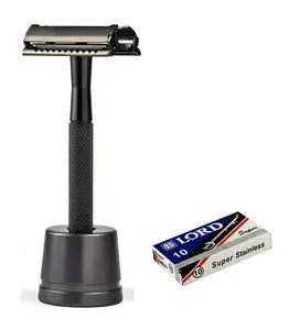 Butterfly Open Twist To Open Double Edge Metal Safety Razor Wet Shaving Kit for Men Women with 10 Double edge Shaving blades ECO Friendly Zero Waste Plastic Free Black Manual Shaving Stainless Handle Stainless Steel