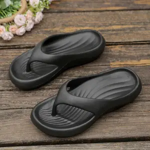 Women's Black Platform Flip Flops, Soft Cushioned Thong Sandals with Non-Slip Thick Sole, Summer Beach Slides for Walking and Casual Wear