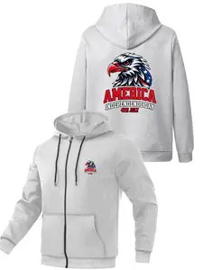 Casual Daily Commuting Hooded Zipper Jacket with American Independence Day Eagle Pattern Print