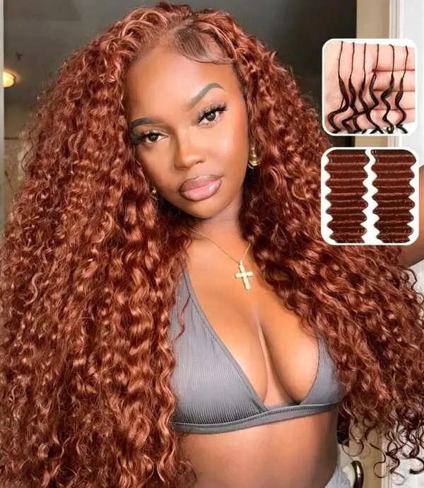 Deep Wave Reddish Brown Crochet Human Hair For Women 50G 50 Strands Feather Crochet Human Hair Pre-Separated Miracle Knots 200G Lightweight Reusable Hair Extensions Deep Curly Crochet Hair