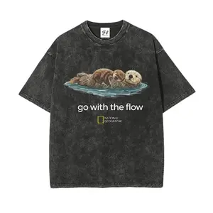 Cute Sea Otter "Go With The Flow" Nature Wildlife Graphic T-Shirt, Vintage Washed Oversized Pure Cotton Tee