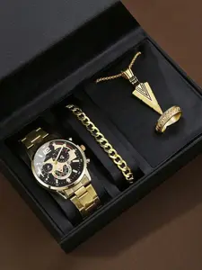 4pcs/Set Men's Business Fashion Quartz Watch Set, Alloy Watch Plus Arrow Pendant And Other Jewelry, Ideal Gift For Men, Also The Best Choice For Gift Giving