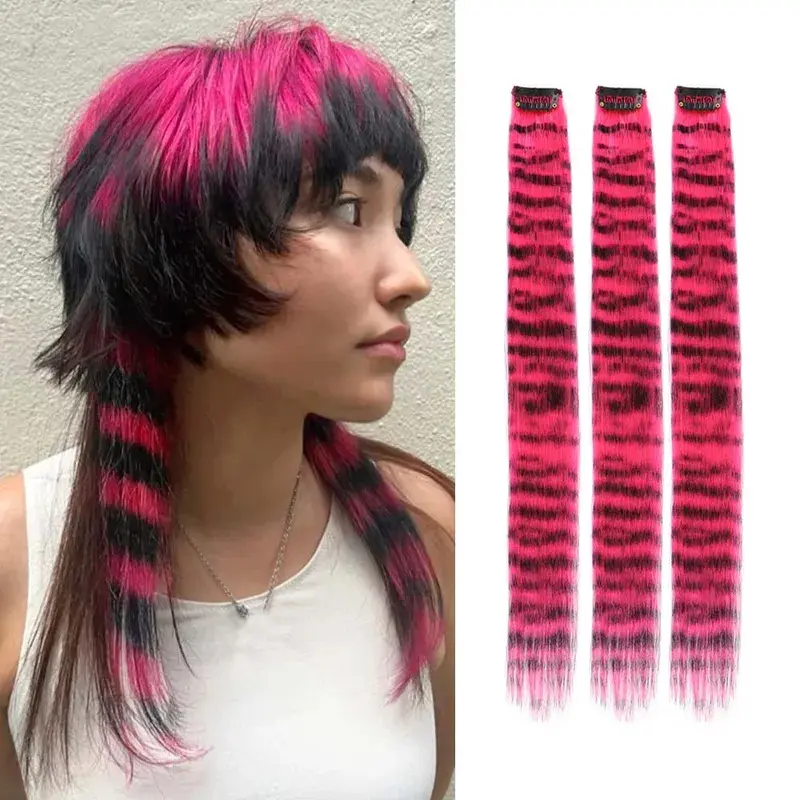 3pcs/set Rainbow Leopard Print Clip-In Hair Extensions Synthetic Long Straight Fluffy Hairpiece for Daily Use Party Halloween Styling
