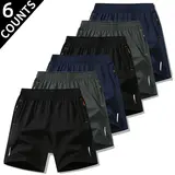 Men's 6-Piece Plain Activewear Shorts Set - Fitted Run-Ready Thin Fit, Quick Dry, Transpirable, Ultra Lightweight, Zipper Pocket, Reflective Strip, Above-the-Knee, Outdoor Sportswear for Running, Fitness, Transpirable Men's Shorts,sohochic