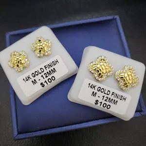 14K Iced Gold Finish High-Quality Nugget Clover Studs Earrings, Unisex Bling CZ Fashion Jewelry Accessory, Gold Nugget Earrings for Casual Elegant Wear