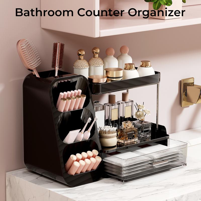 UFORU-Large Capacity Makeup Storage Box, Multi-functional Makeup Brush Lipstick Eyebrow PencilPocket Mirror Storage Box, Desktop MakeupOrganizer for Home & Travel, Makeup Box,Cosmetics Organizer Storage