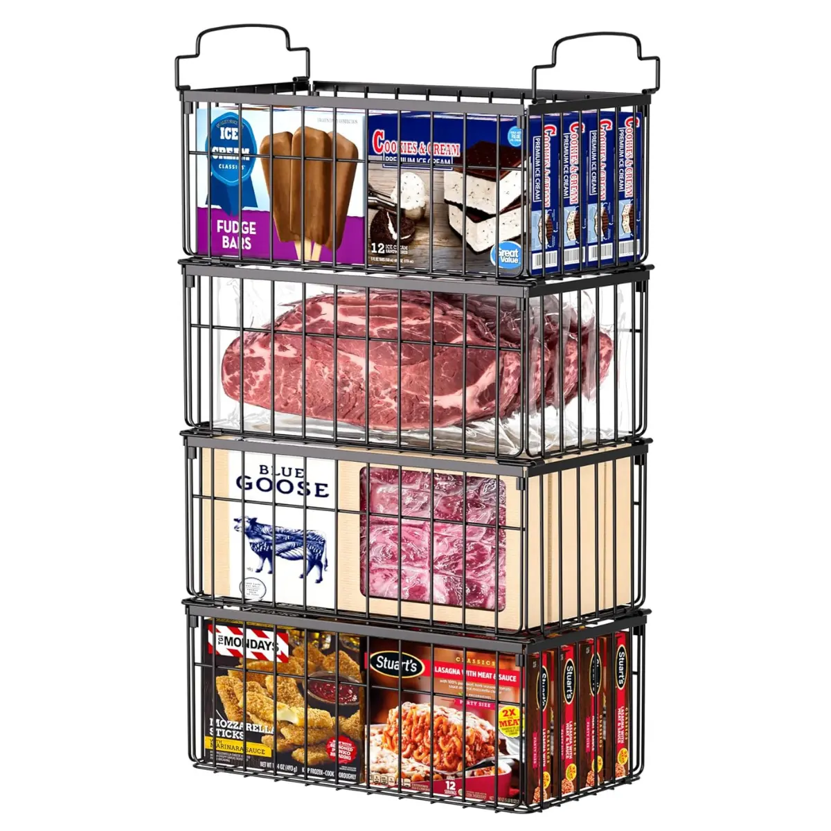 4-Pack Freezer Organizer Bins for 5–7 Cu. Ft. Deep Freezers, Large Stackable Storage Baskets with Handles for Frozen Food, Meat & Kitchen Organization
