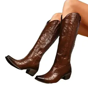 Cowboy Boots for Women, Knee High Cowgirl Boots with Classic Embroidered, Pointed Toe Chunky Heel Western Boot, Pull On Retro Vintage Tall Boot