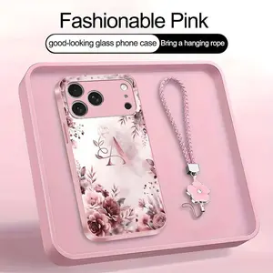 Rose Floral Art 26 letter Phone Case, Suitable for [iPhone 17 Pro] high-end women's, Lanyard a beautiful four-leaf clover lanyard is included🍀 952