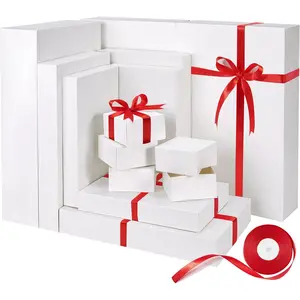 13 Pack White  Boxes with  for Presents, Assorted size  Boxes for Christmas ( 3  17",3 Large 14.25",3 Medium 11",4 Small 4" ,Red Ribbon ), 4 inch Deep Box for Wrapping Robe Scarf Mug.