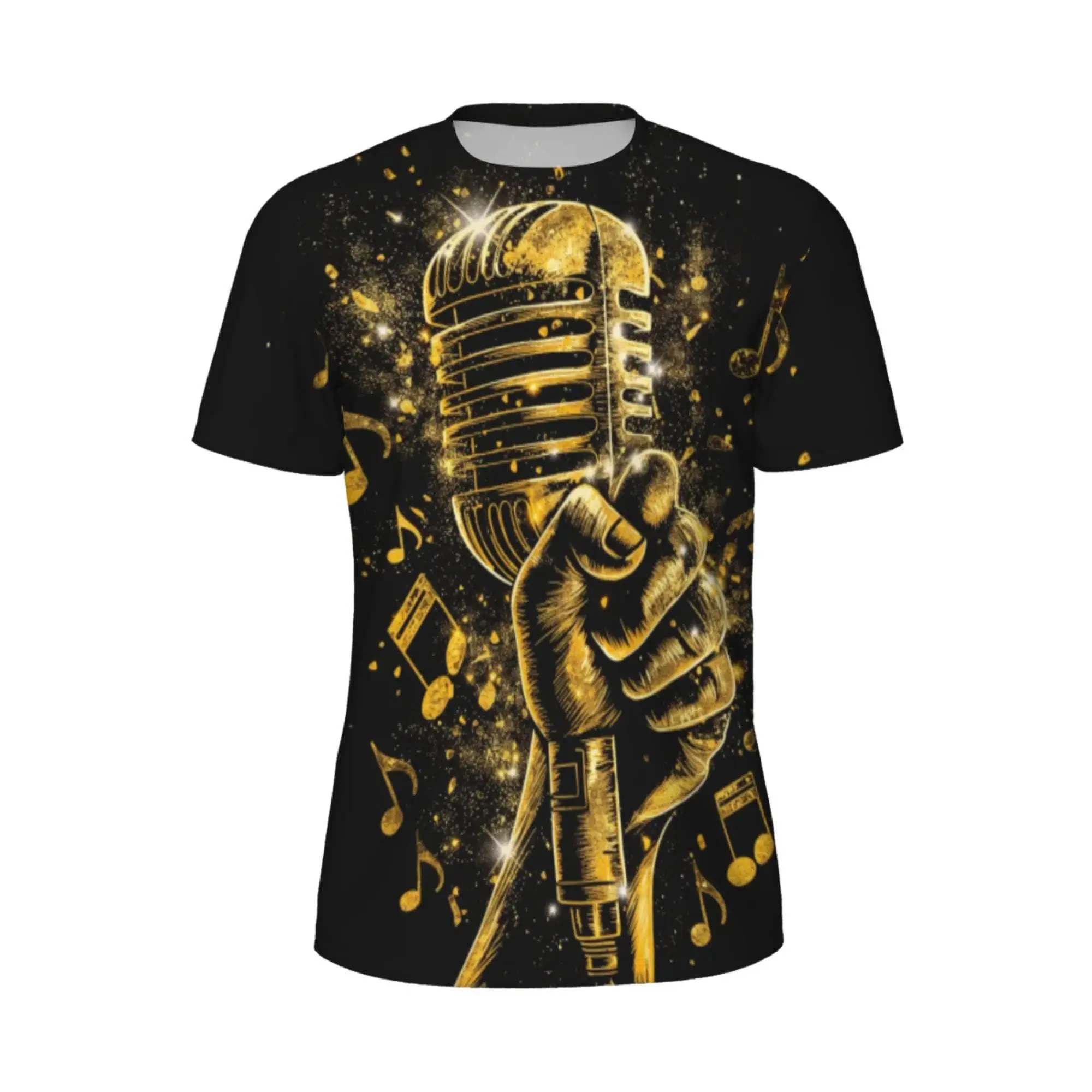 Women's Casual Short-Sleeve Round Neck T-Shirt - Full-Printed Streetwear Top with Golden Microphone, Musical Notes, Soft Breathable Fabric for Concerts, Relaxed Cut Unisex Tee, Soft Fabric, Tshirt, All Over Print, Crew Neck, Shortsleeve, Graphic, Loose-Fi