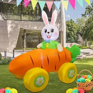 Juegoal Easter Bunny Radish Car Inflatables Yard Decorations, 5 x 4.5 FT Lighted Blow Cute Rabbit on Carrot Car with LED Lights, Indoor Outdoor Easter Holiday Party Decor, Light Up for Lawn Garden