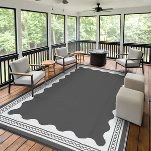 Outdoor Rug Patio Waterproof, Reversible Plastic Straw Rugs for Camping, Picnic, Balcony, Porch, RV, Easy-Clean & Quick Dry Scalloped Pattern Large Indoor Outdoor Carpet, Grey