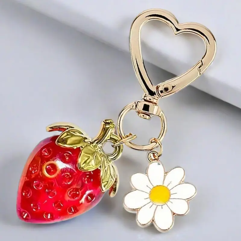 Cute Strawberry & Flower Design Keychain, Fashionable Keychain for Women & Girls, Trendy All-match & Exquisite Versatile Attachment Keychain for Birthday Gift, Cute Charms Keychain