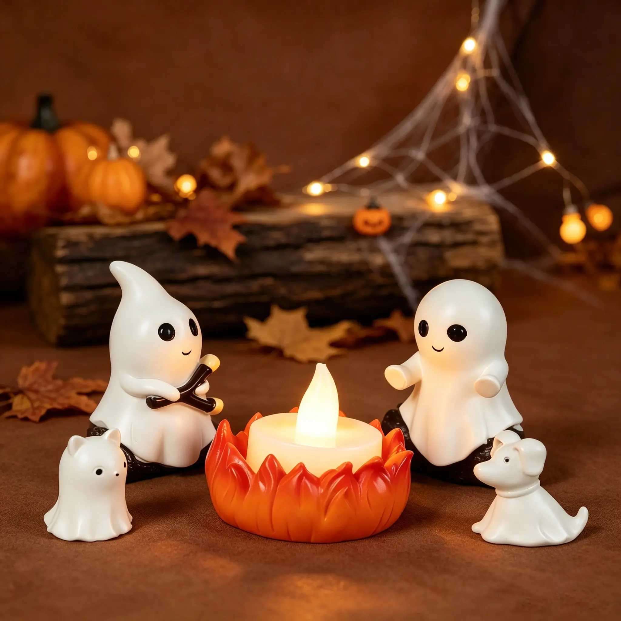 Compact Ghost Campfire Gathering Resin Nightlight Set with Cute Dog Spooky Statue - Premium Resin Craftsmanship, Soft Amber Glow, Indoor Halloween Decor for Mantel or Desktop