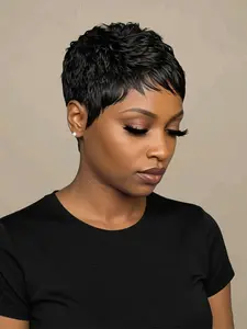 Pixie Wig for Women, Daily Party Use, Human Hair Wig, Stylish Gift, Layered Pixie Cut, Short Straight, Burgundy, Machine Made