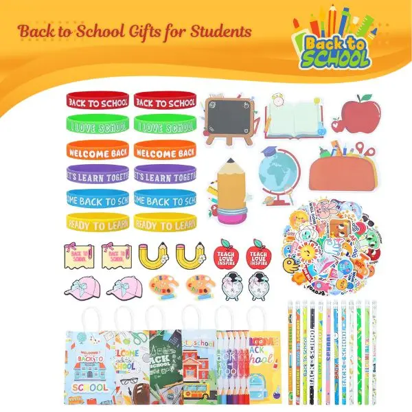 98 PCS Back to School Supplies Kit for Kids, Bulk Classroom Rewards & Party Favors, First Day of School Stationery Set with Pencils, Silicone Bracelets, Sticky Notes, Stickers, Paper Gift Bags, Teacher Student Prizes
